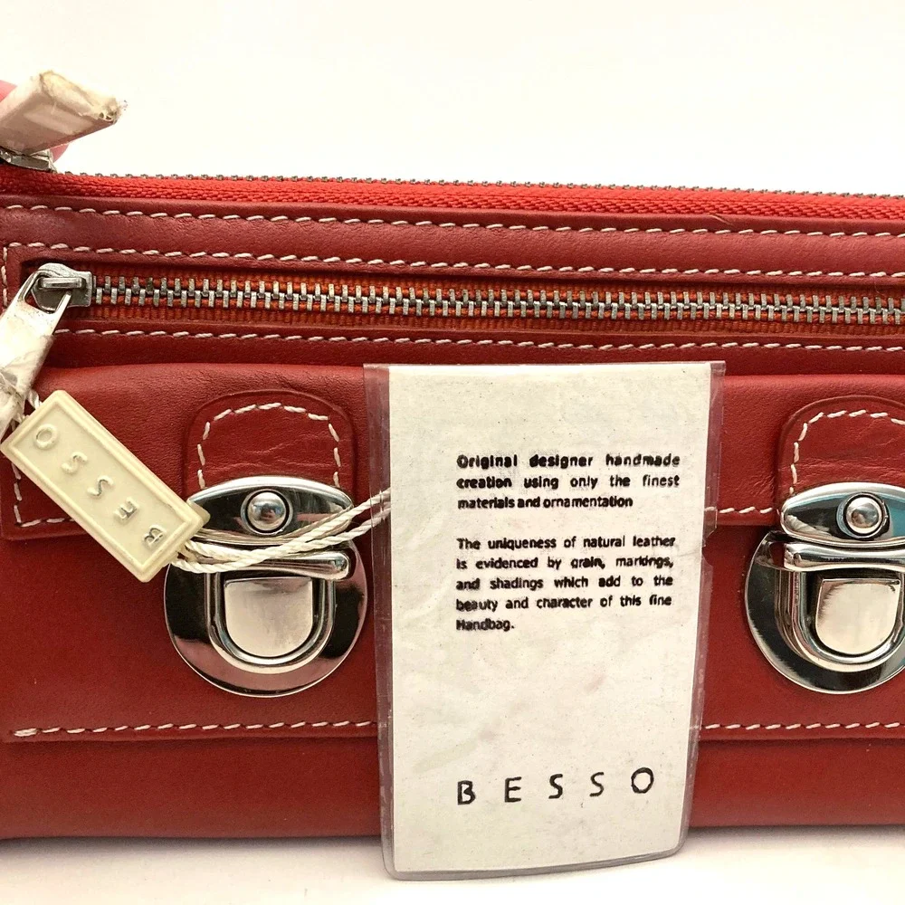 NWT Besso Red‎ Leather Wallet Double Clasp Pockets Zip Top Contrast Stitching